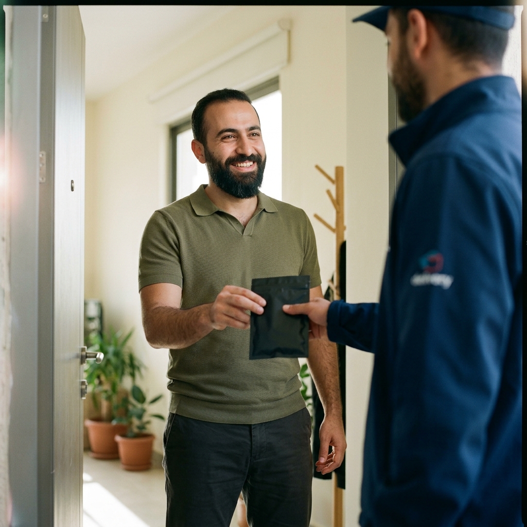 Customer receiving a secure cash delivery at their door
